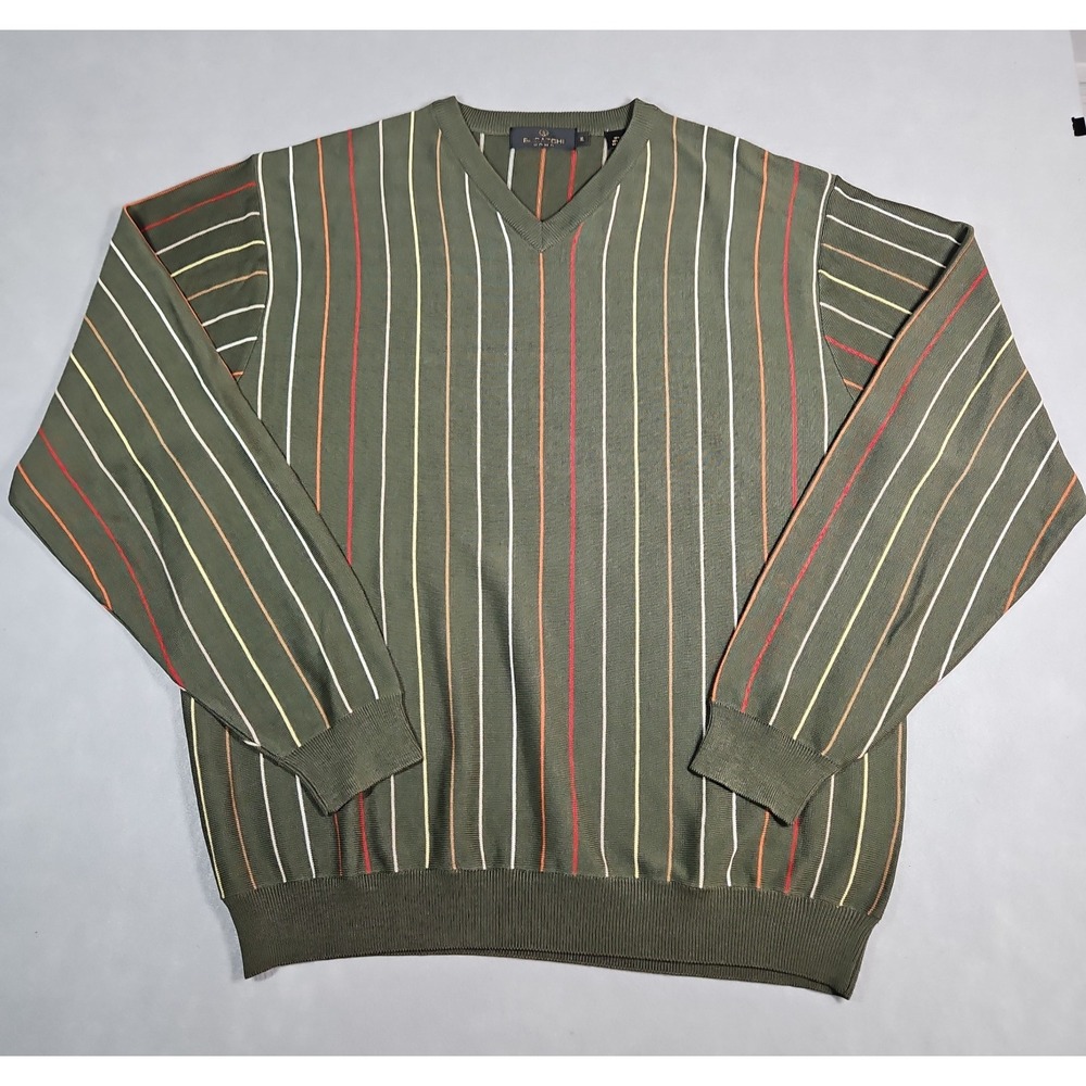 Bugatchi Mens Green Striped Silk Blend V Neck Sweater Size XL